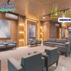 Lounge do Memorial Funerária Flamboyant: ambiente climatizado, sofás confortáveis e design contemporâneo que oferecem acolhimento às famílias durante as cerimônias em Sumaré.