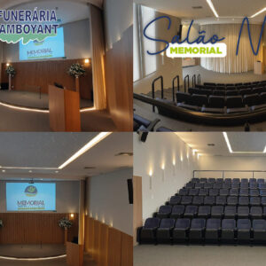 Auditório Salão Nobre da Funerária Flamboyant: ambiente climatizado, assentos confortáveis e infraestrutura audiovisual completa para homenagens solenes em Sumaré.