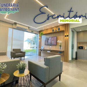 Ambiente de atendimento exclusivo da Funerária Flamboyant: escritório memorial moderno, climatizado e pronto para orientar famílias em cada detalhe da despedida.