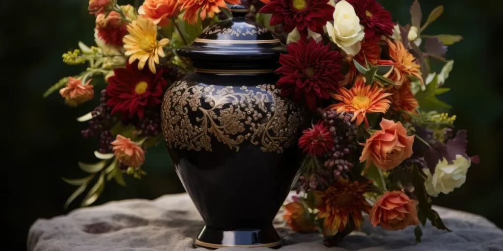 Urna funerária de cremação preta com arabescos dourados, rodeada por flores vibrantes sobre pedra, simbolizando despedida respeitosa.