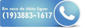 Banner de urgência funerária da Funerária Flamboyant com texto “Em caso de óbito ligue (19) 3883-1617” e ícone de telefone branco sobre fundo azul.